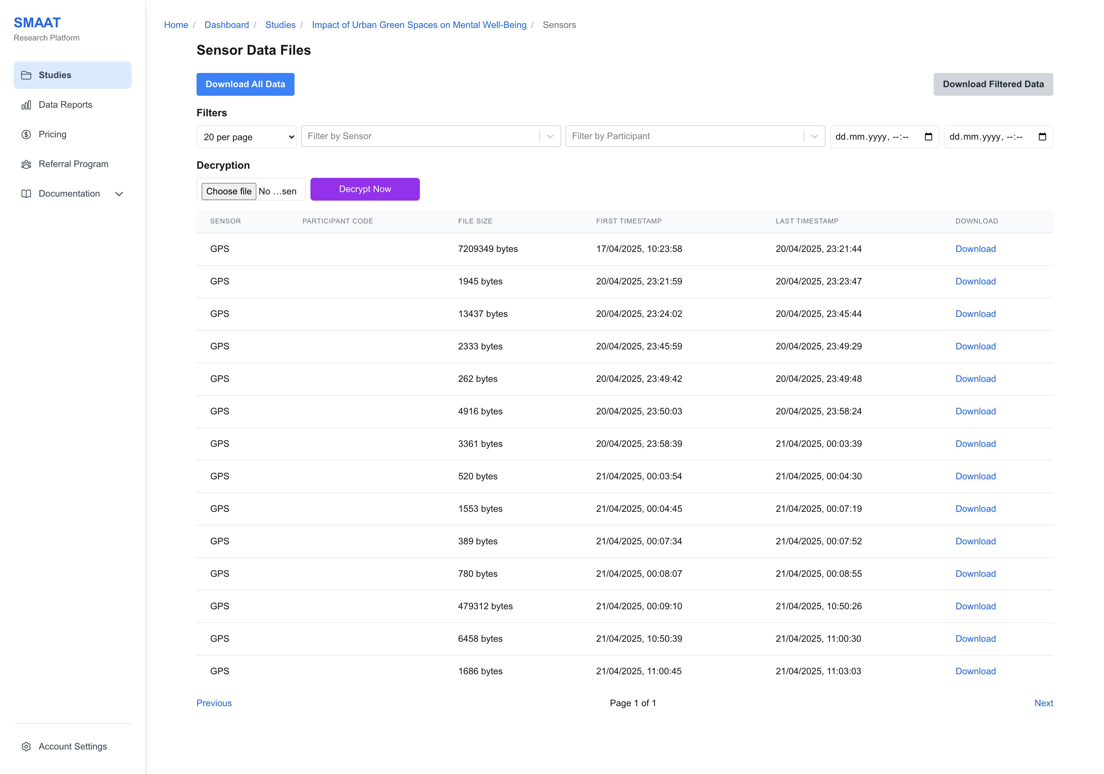 Screenshot of the Background Sensor Data page, showing filter options and decryption controls.