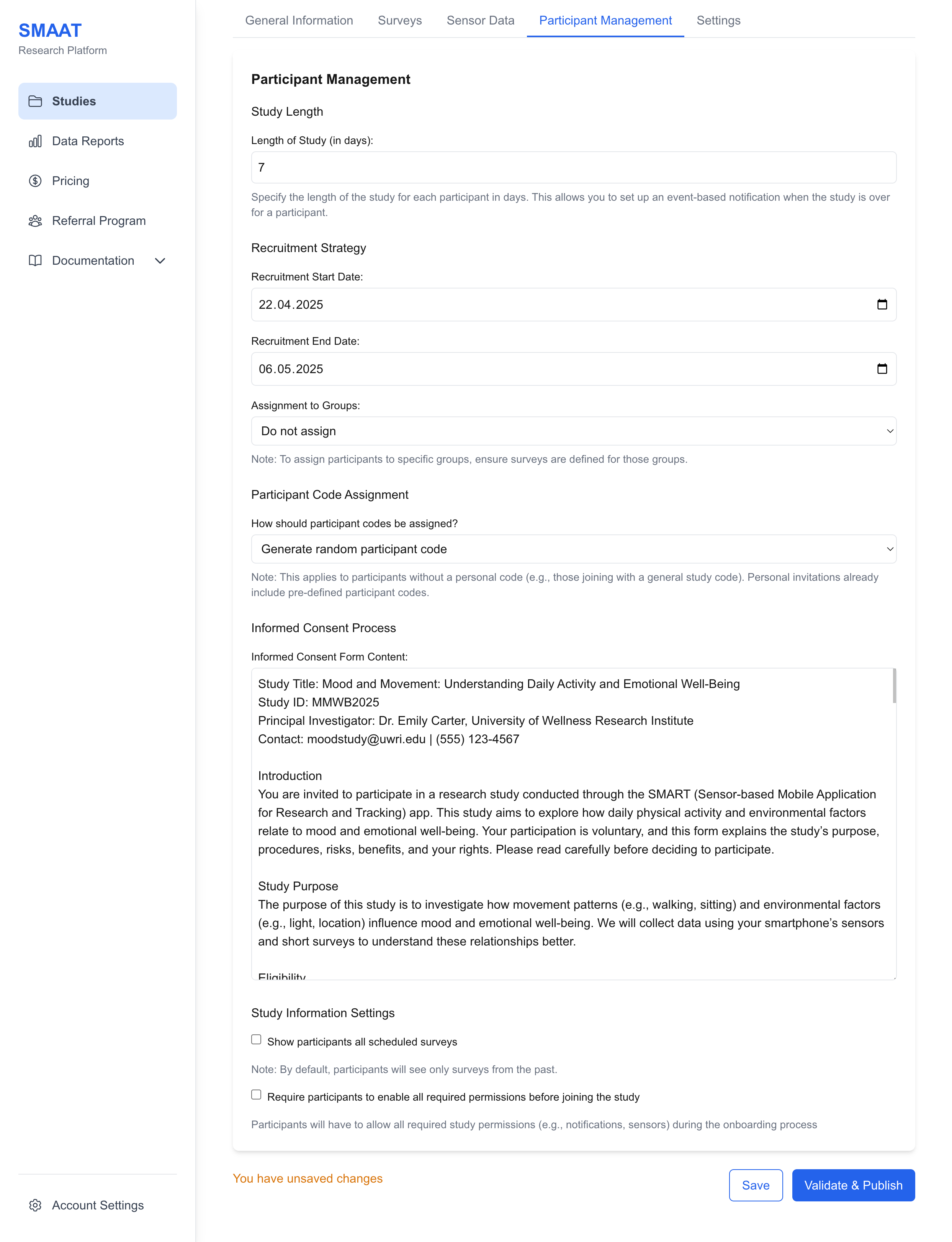 Mock screenshot of the Participant Management tab, showing a text editor for the informed consent form.