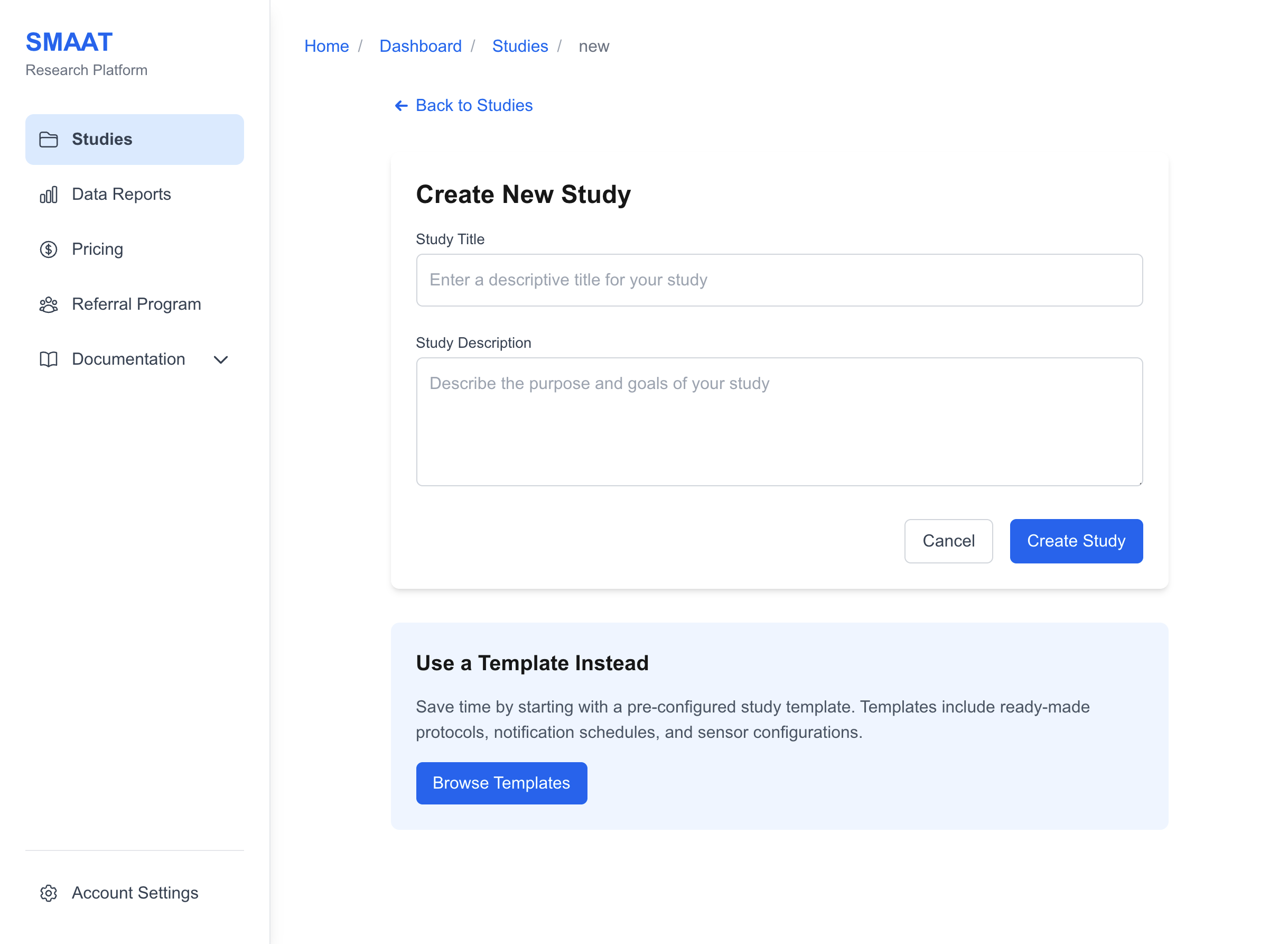 Screenshot of the Create New Study form, showing input fields for study title and description, with a 'Create Study' button.