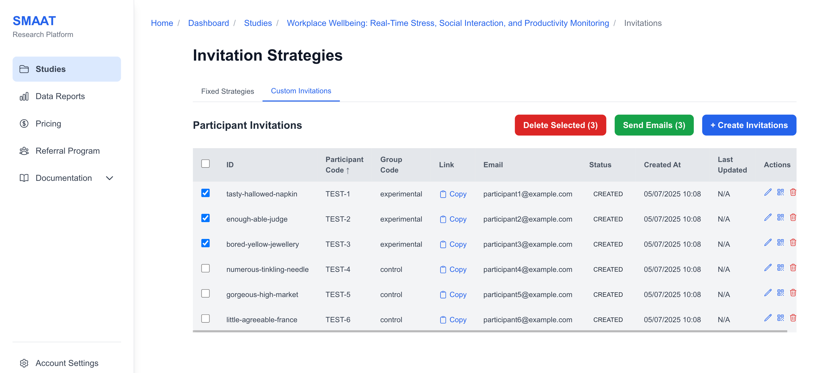 Screenshot of the Invitations section, showing Custom Invitations with a table of generated links.