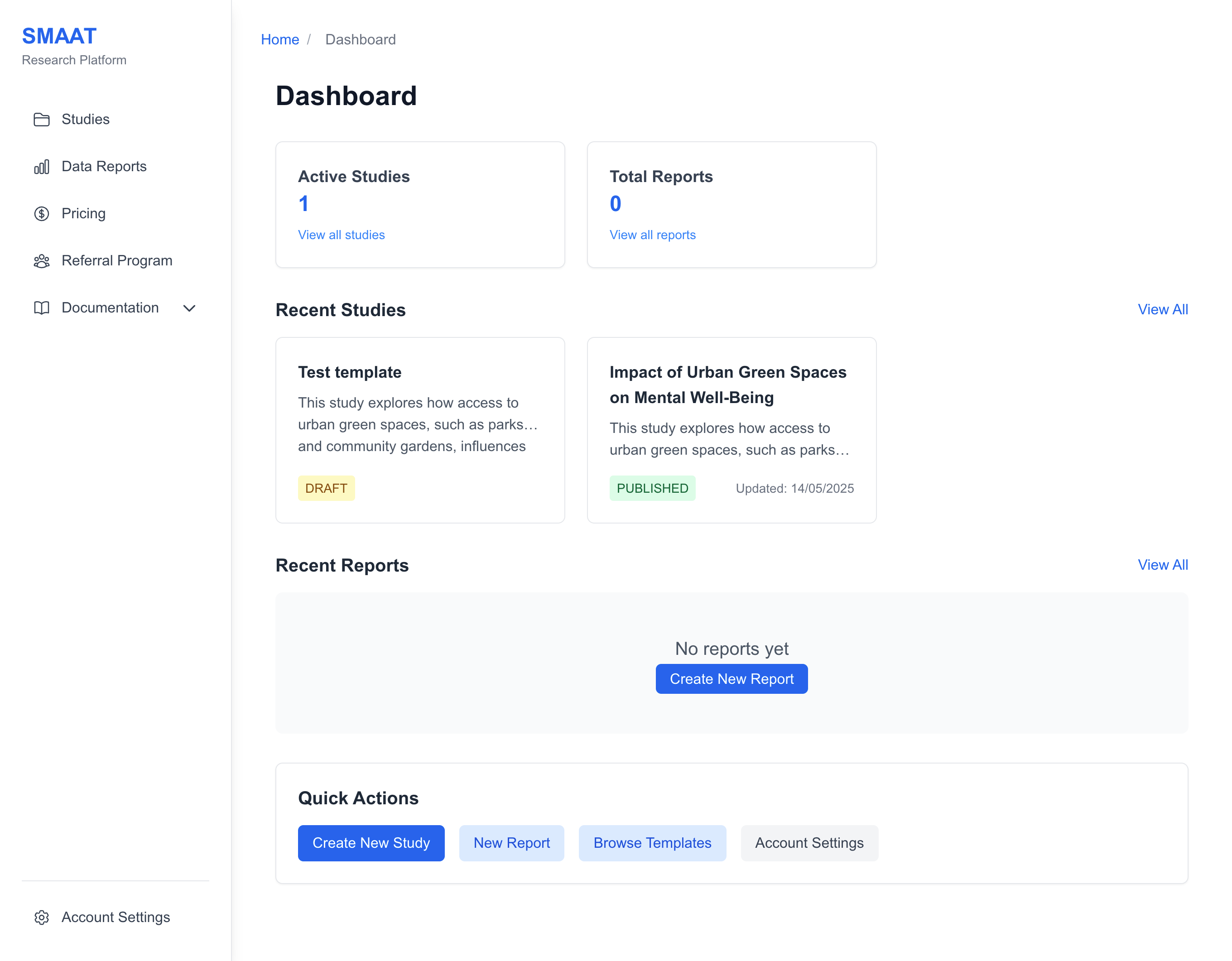 Screenshot of the researcher dashboard, showcasing study cards, quick-action buttons for creating studies, and a summary of data dashboards.