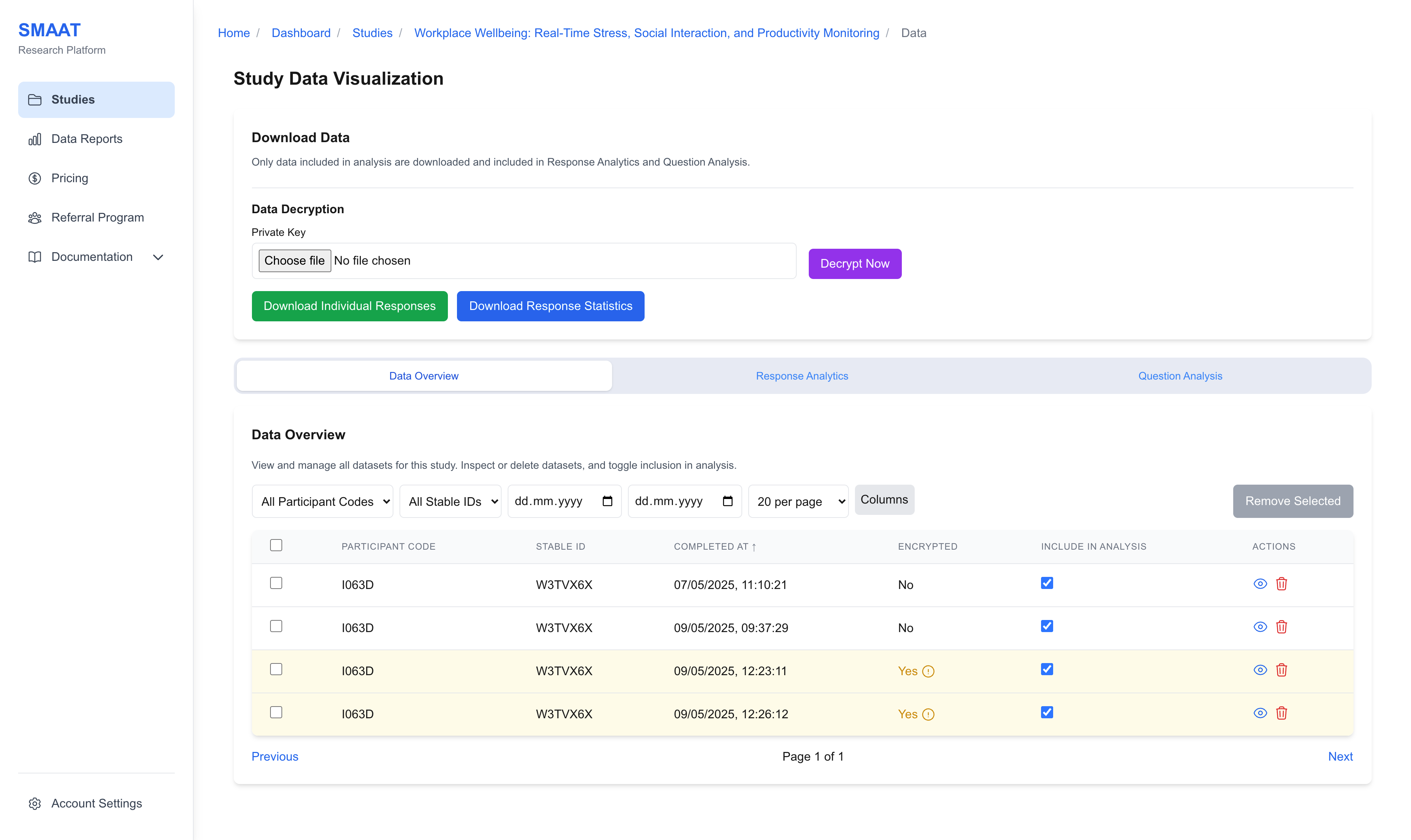 Screenshot of the Data Overview page, showing the top menu with download and decryption options.