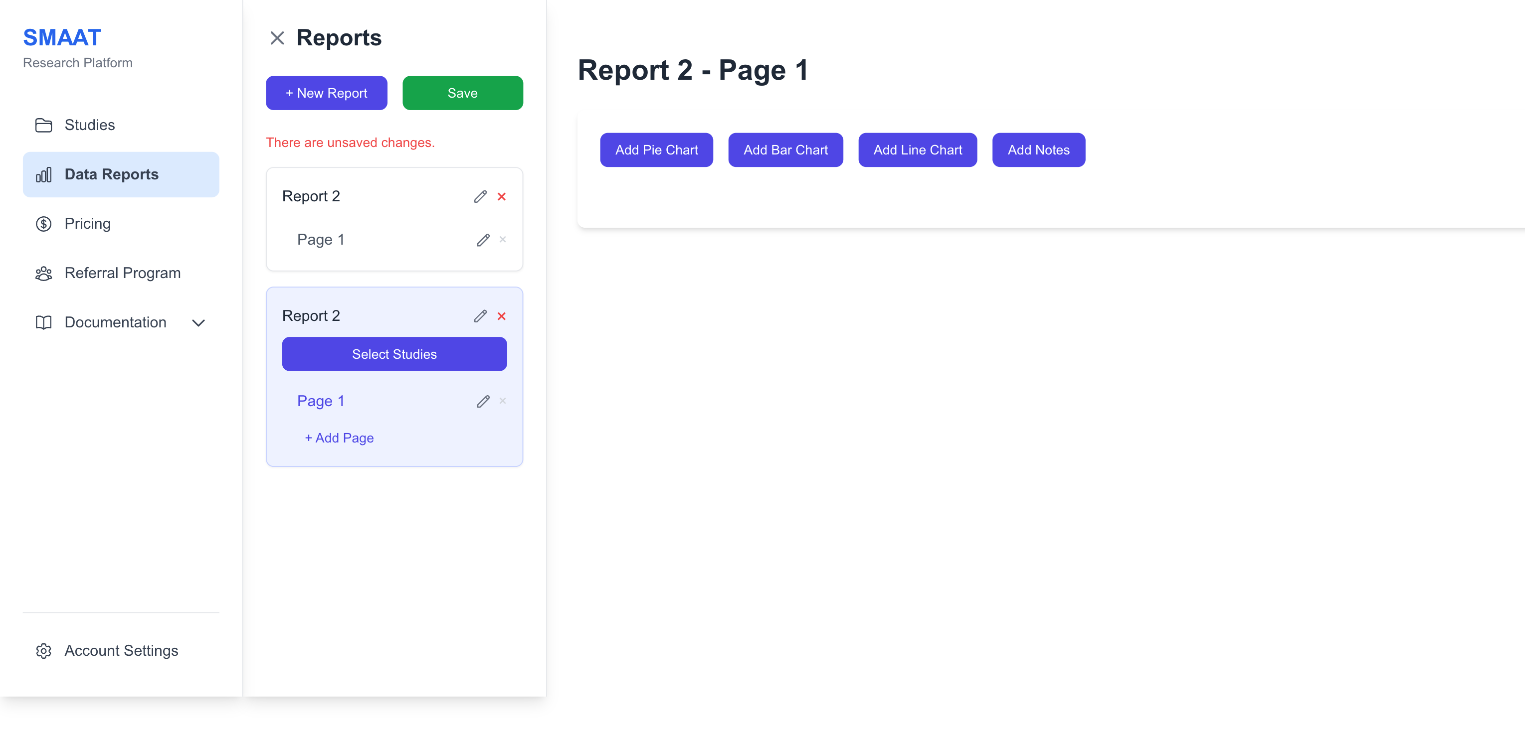 Screenshot of the Data Reports page, showing the interface for creating a new report.