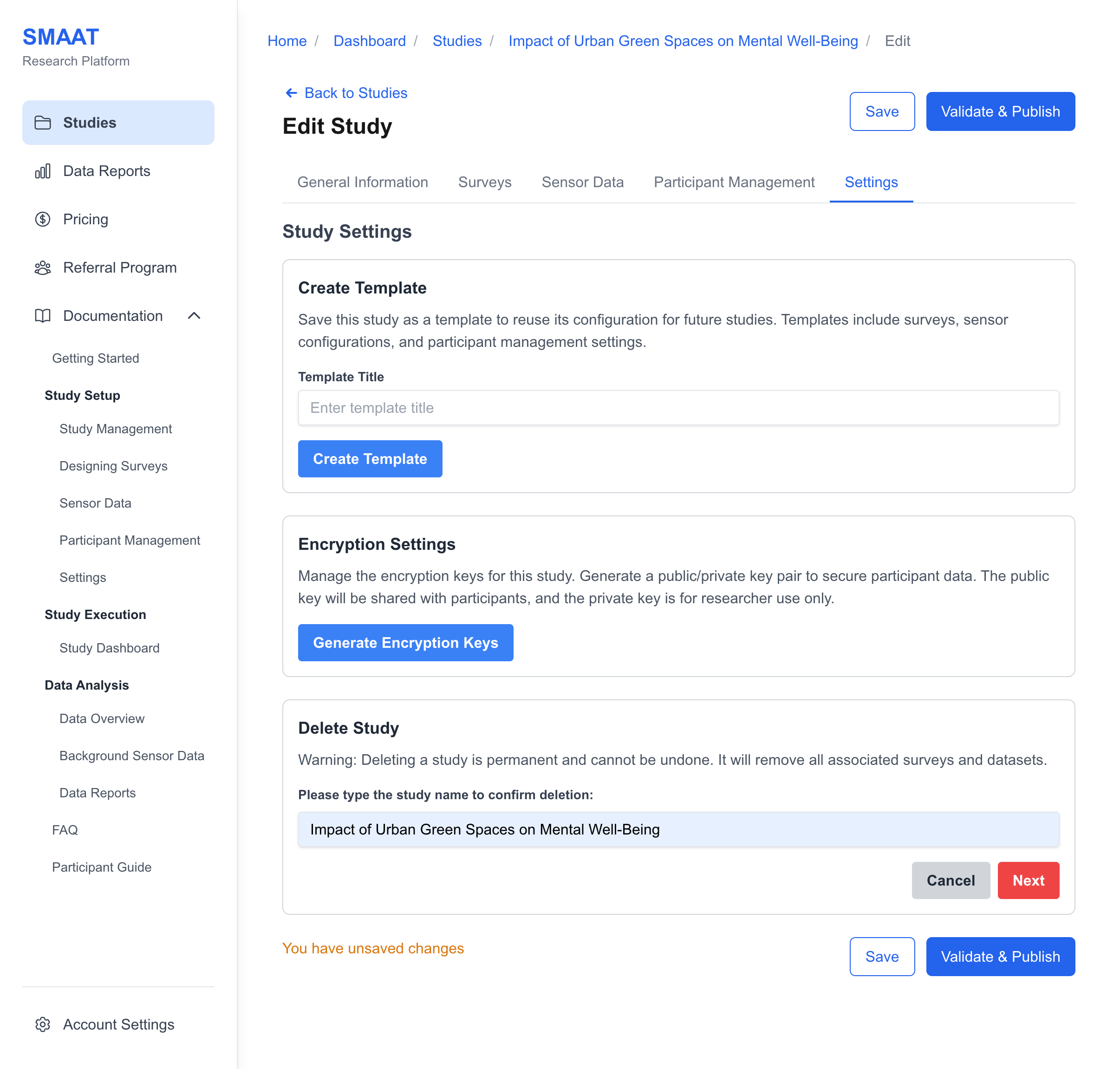 Mock screenshot of the Settings tab, showing the study deletion confirmation dialog.