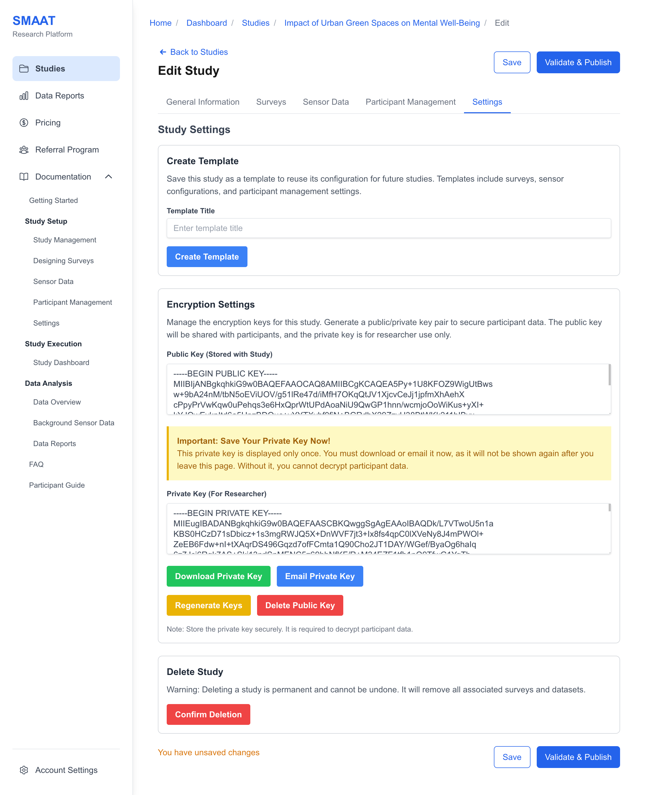 Mock screenshot of the Settings tab, showing the encryption settings with options to generate keys.