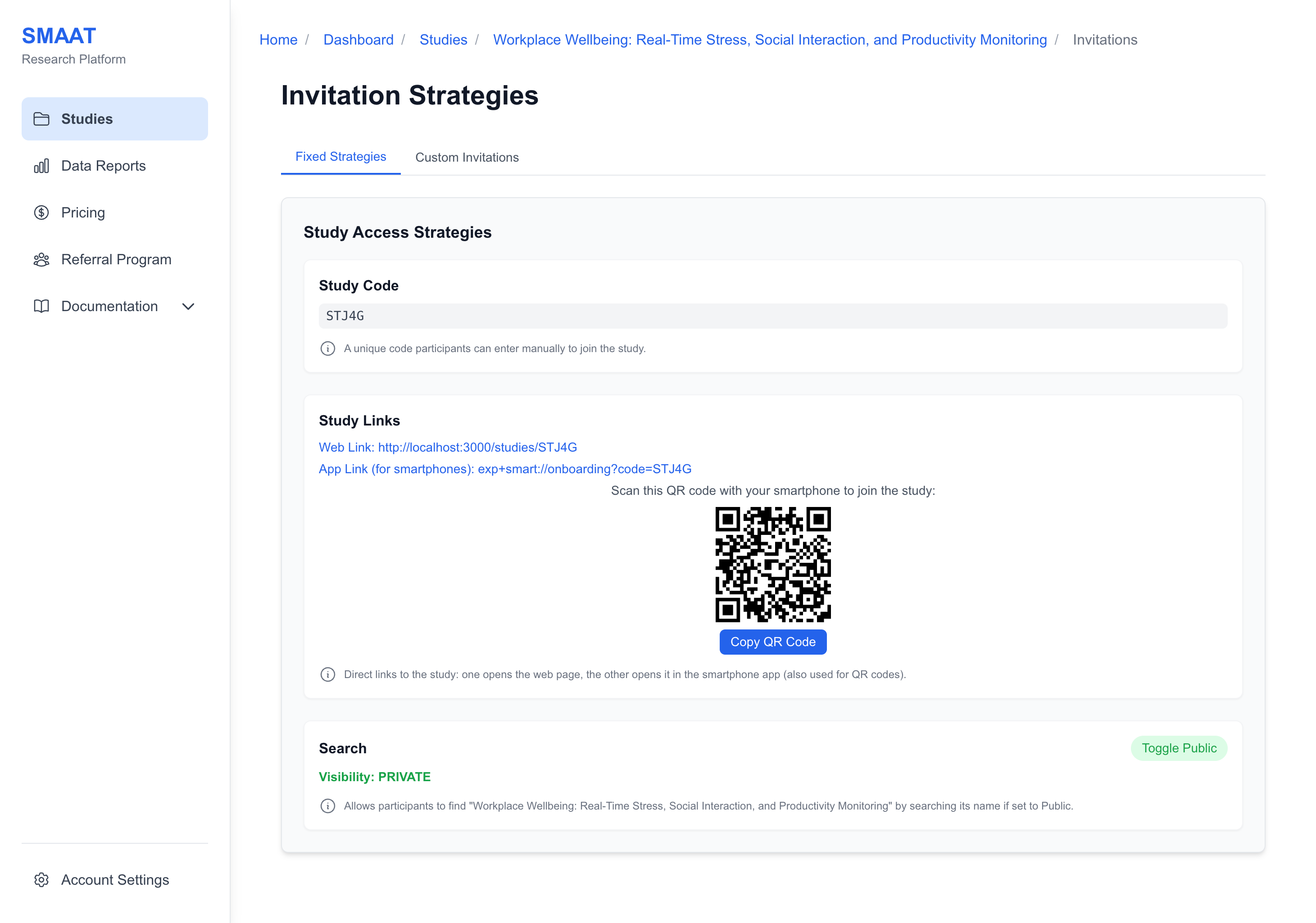 Screenshot of the Invitations section, showing Fixed Strategies with a QR code.