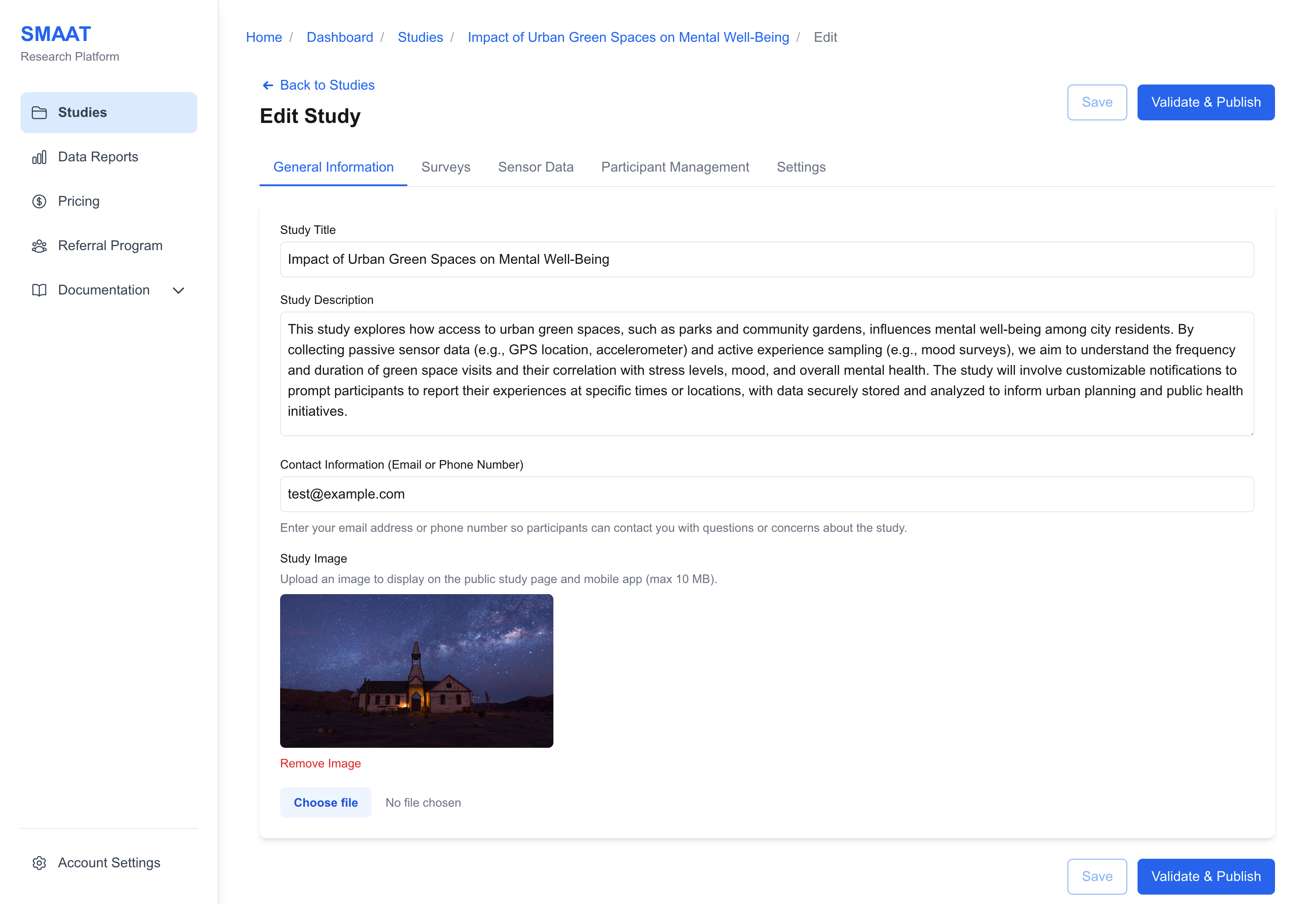 Screenshot of the General Information tab, showing editable fields for study title, description, contact information, and an image upload option.