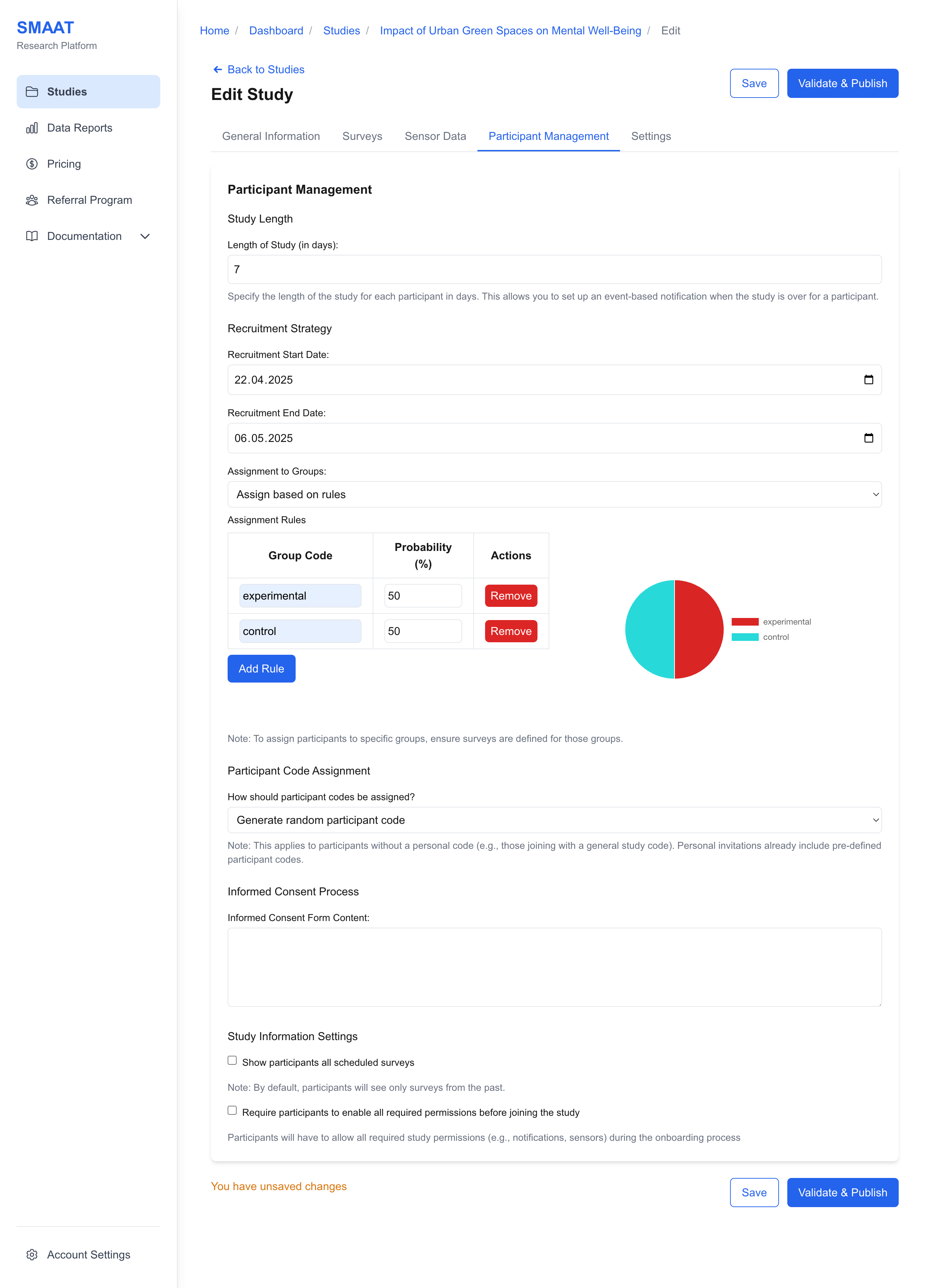 Mock screenshot of the Participant Management tab, showing group assignment options with a pie chart for rule-based probabilities.