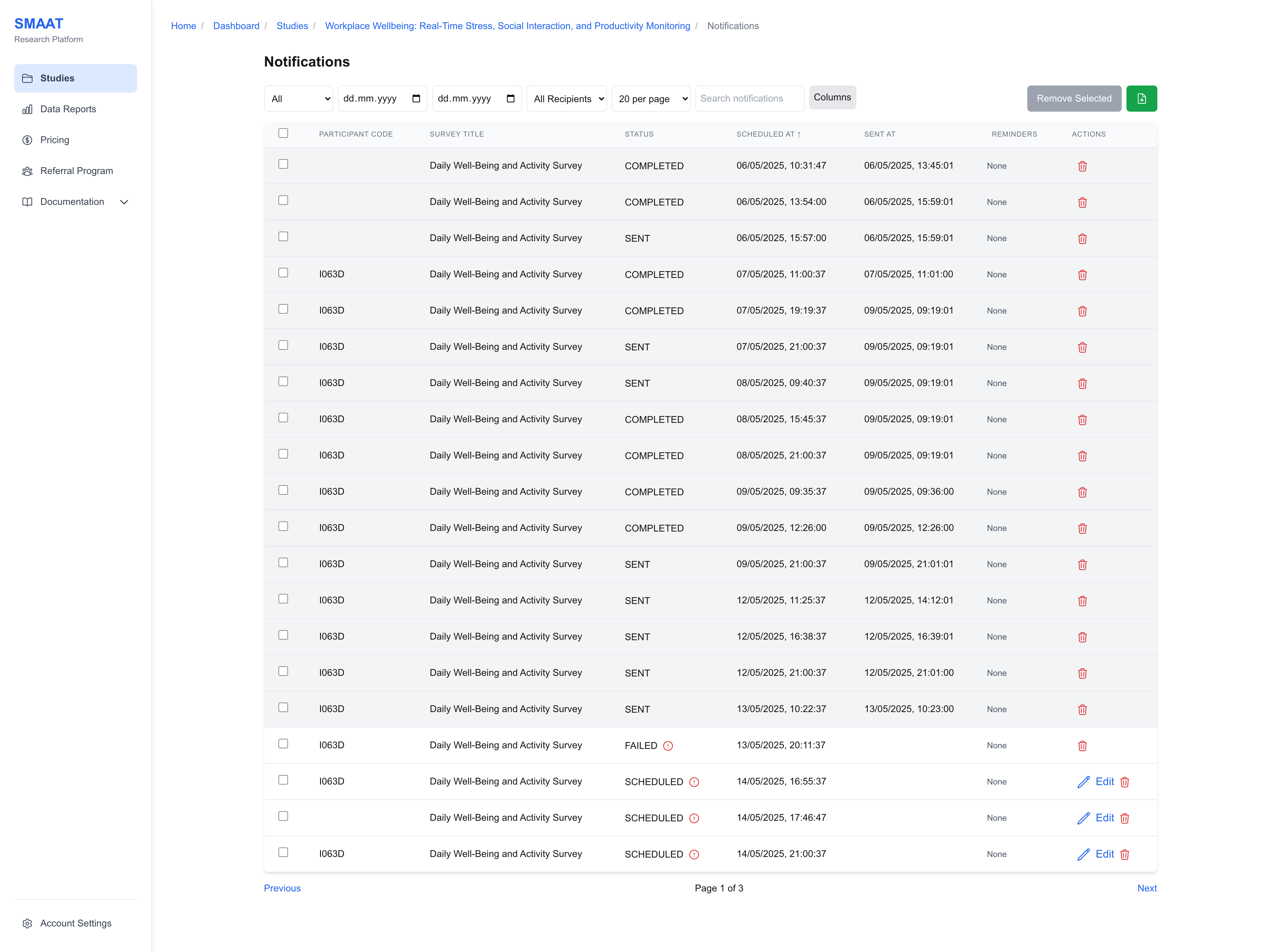 Screenshot of the Notifications section, showing a table of notifications with filters for status and participant code.