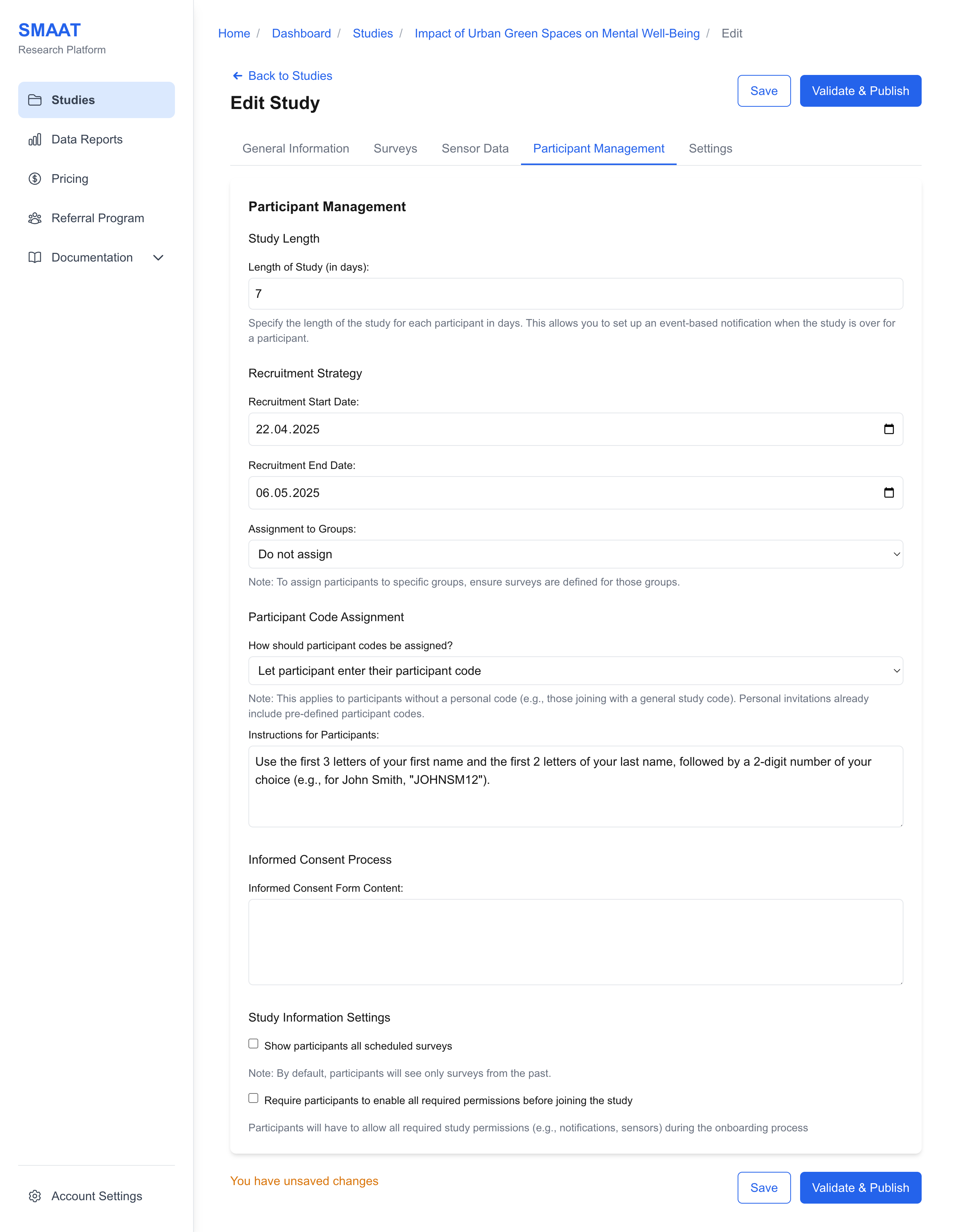 Mock screenshot of the Participant Management tab, showing options for random or participant-generated code assignment.