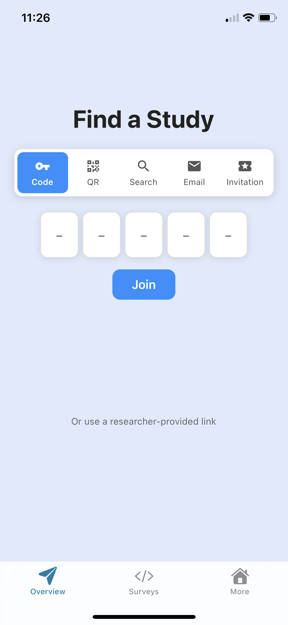 Screenshot of the SMAAT app study joining screen, showing options to enter a study code, scan a QR code, search for public studies, or use an invitation link.