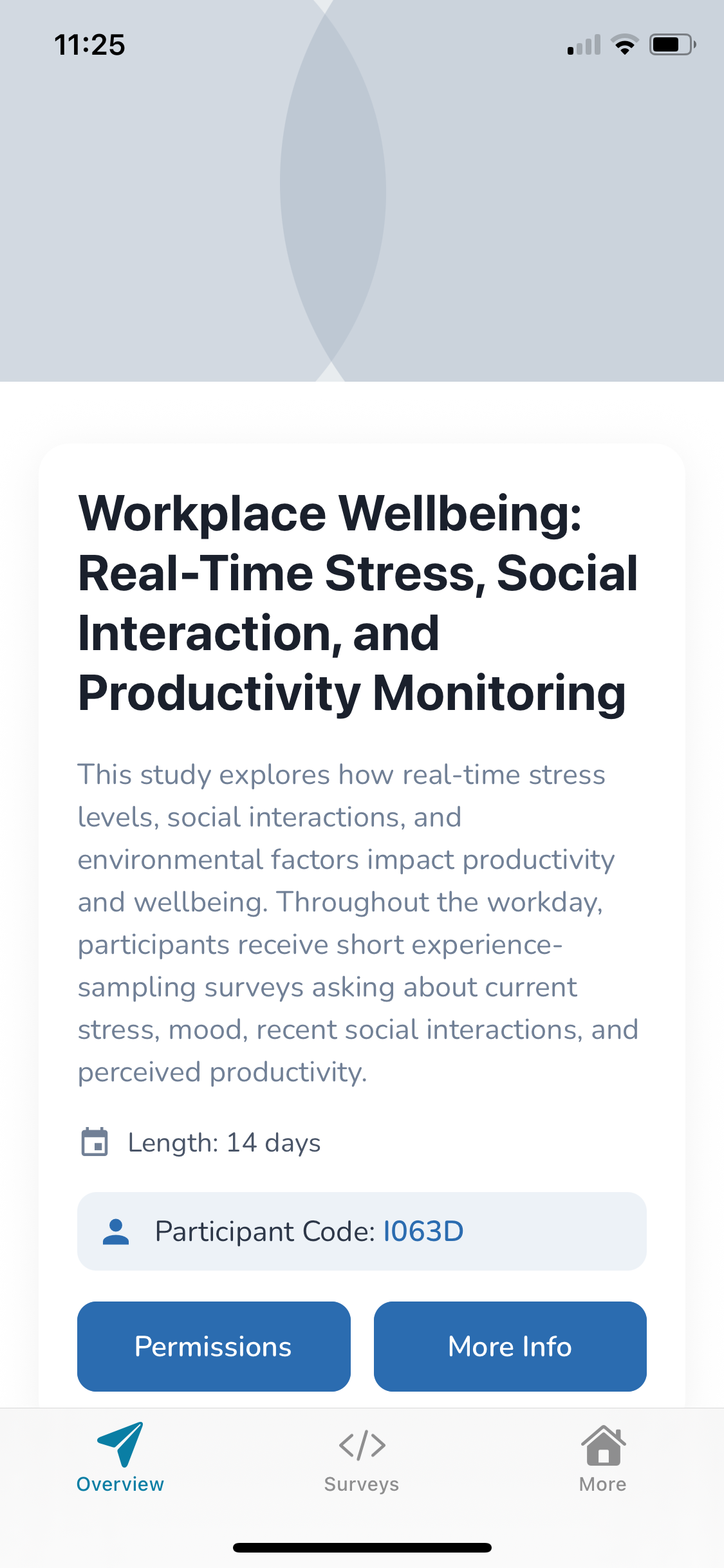 Screenshot of the SMAAT app Overview tab, showing study description, participant code, study length, and links to study details and permissions.