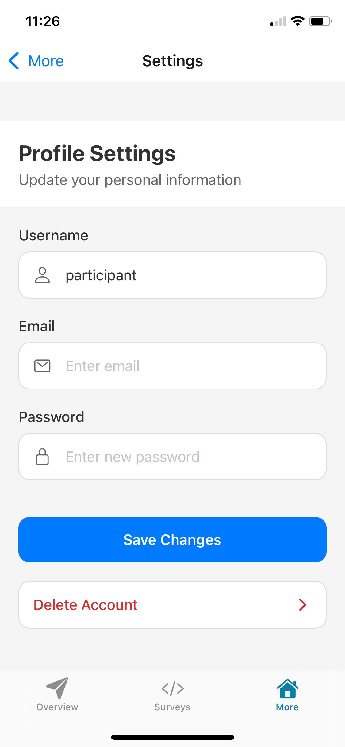 Screenshot of the SMAAT app Settings screen, showing options to change username, add an email, change password, and delete account.