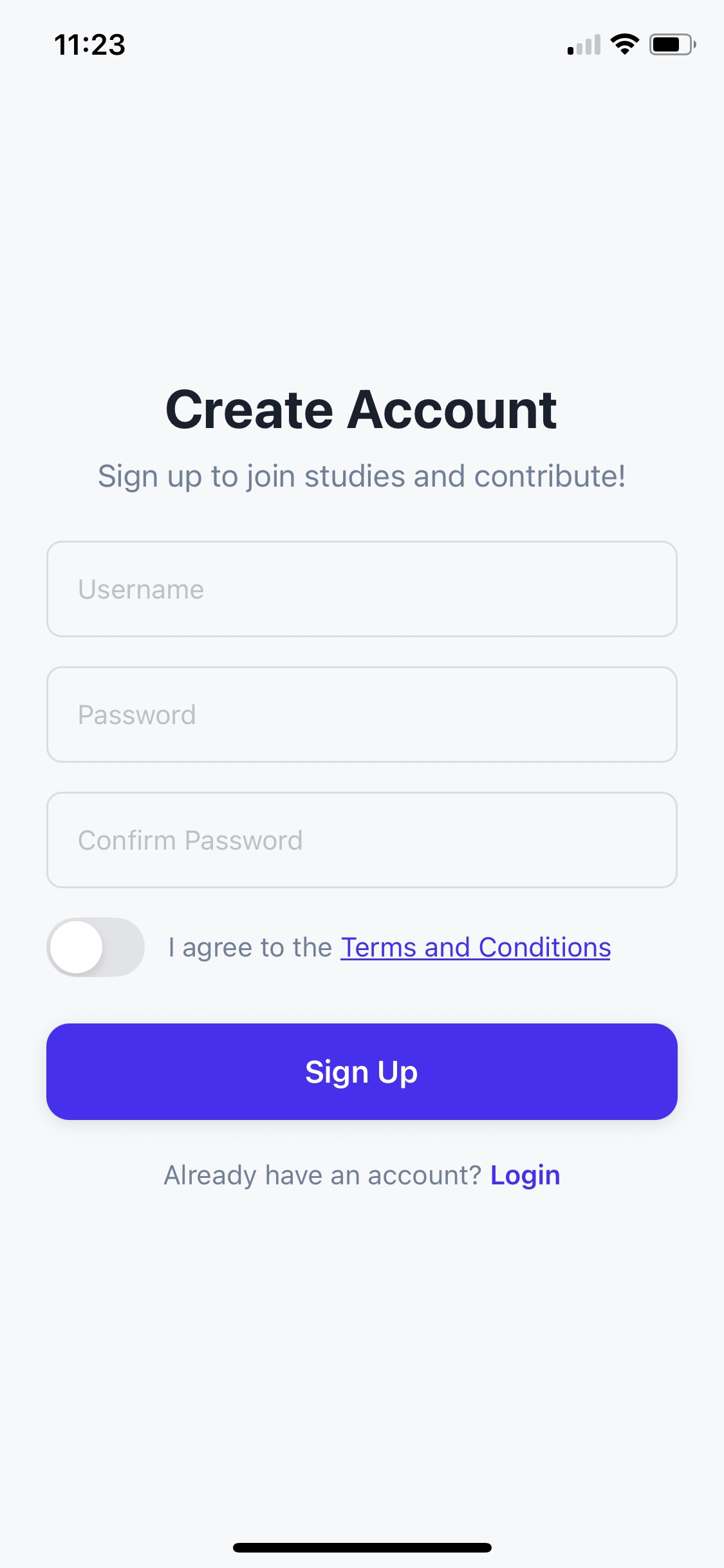 Screenshot of the SMAAT app signup screen, showing fields for username, password, confirm password, and an optional email, with Sign Up and Login buttons.