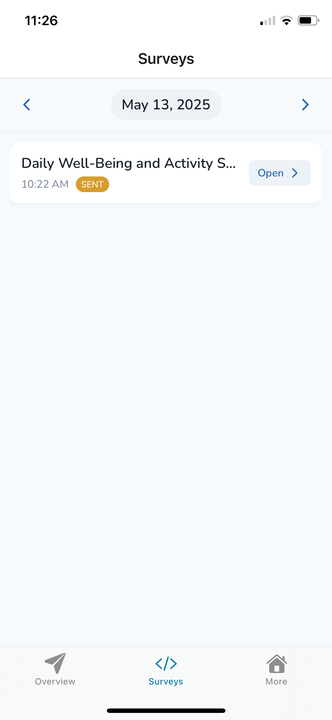Screenshot of the SMAAT app Surveys tab, showing a list of active surveys organized by day with navigation arrows and a date picker.