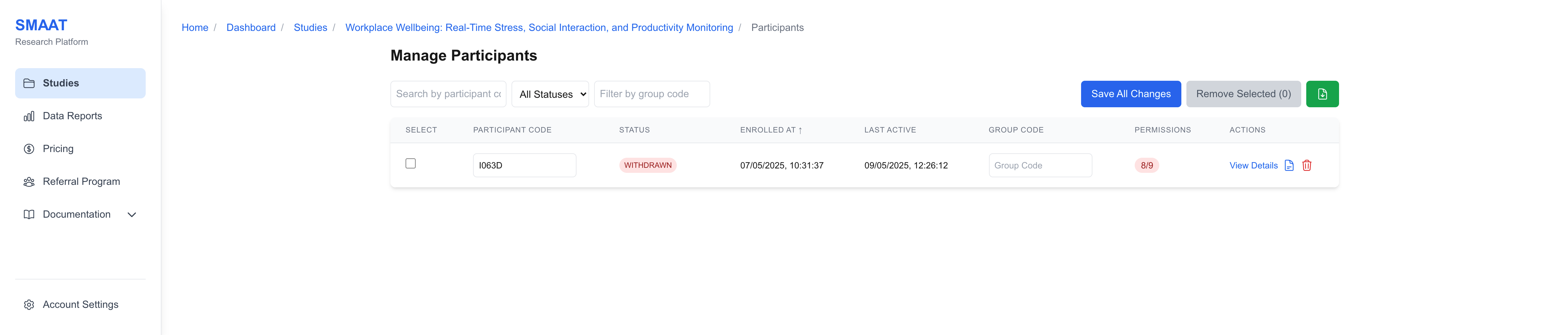 Screenshot of the Participants section, showing a table with participant codes, statuses, and permissions, with a filter bar.