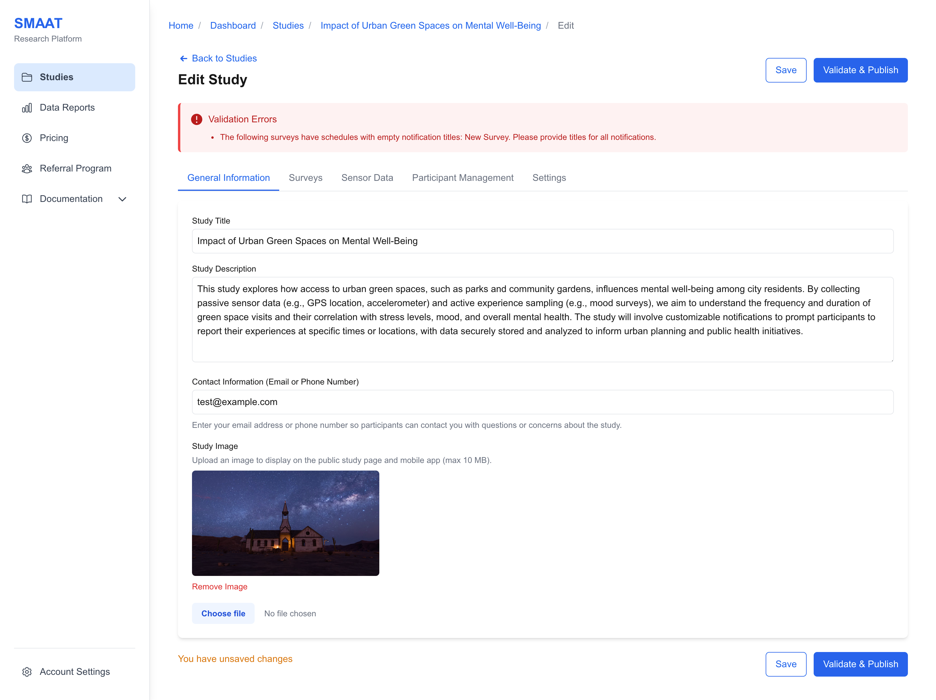 Screenshot of the study edit page, highlighting the 'Save' and 'Validate & Publish' buttons with a validation error message.