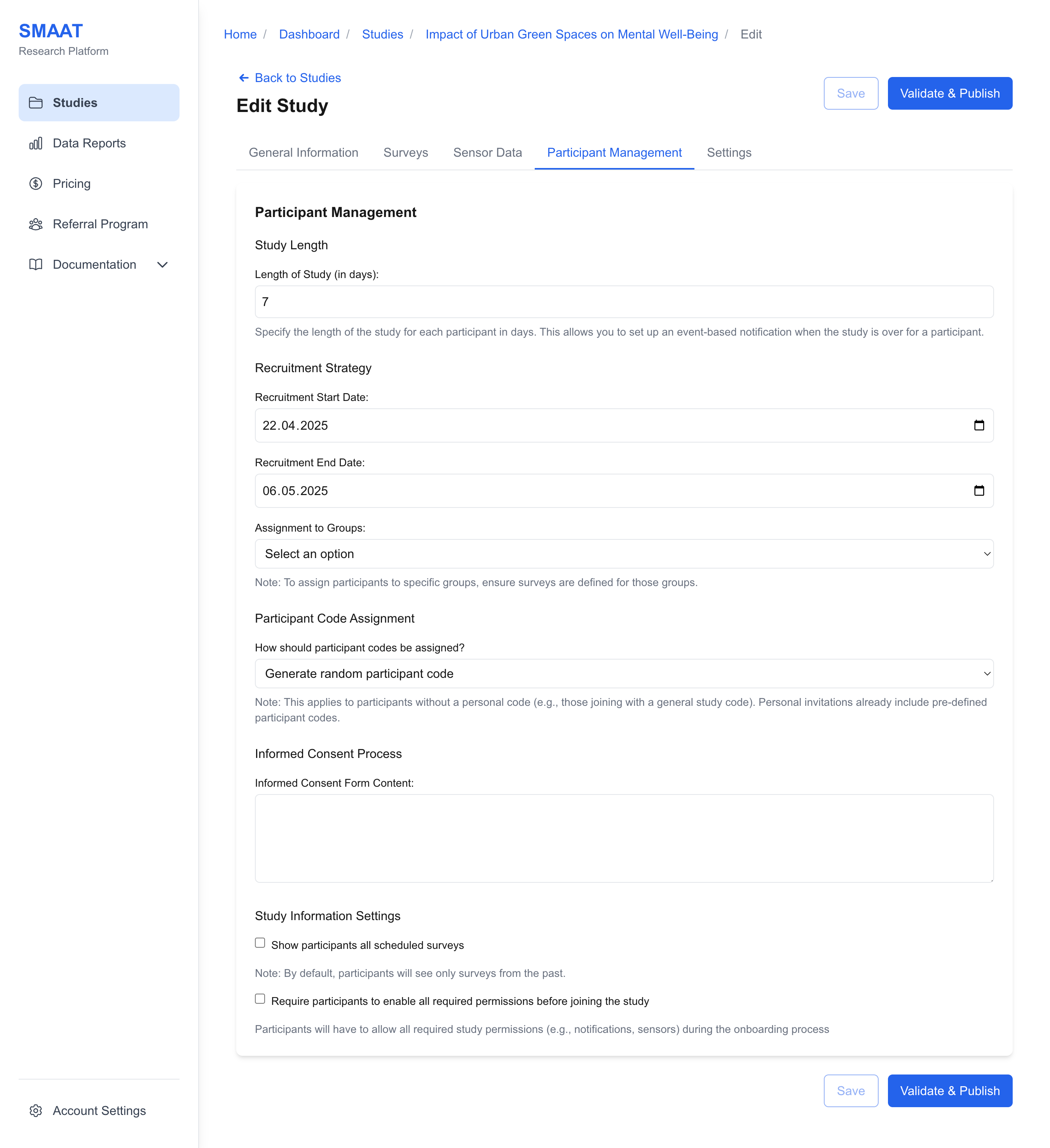 Mock screenshot of the Participant Management tab, showing fields for recruitment start and end dates.