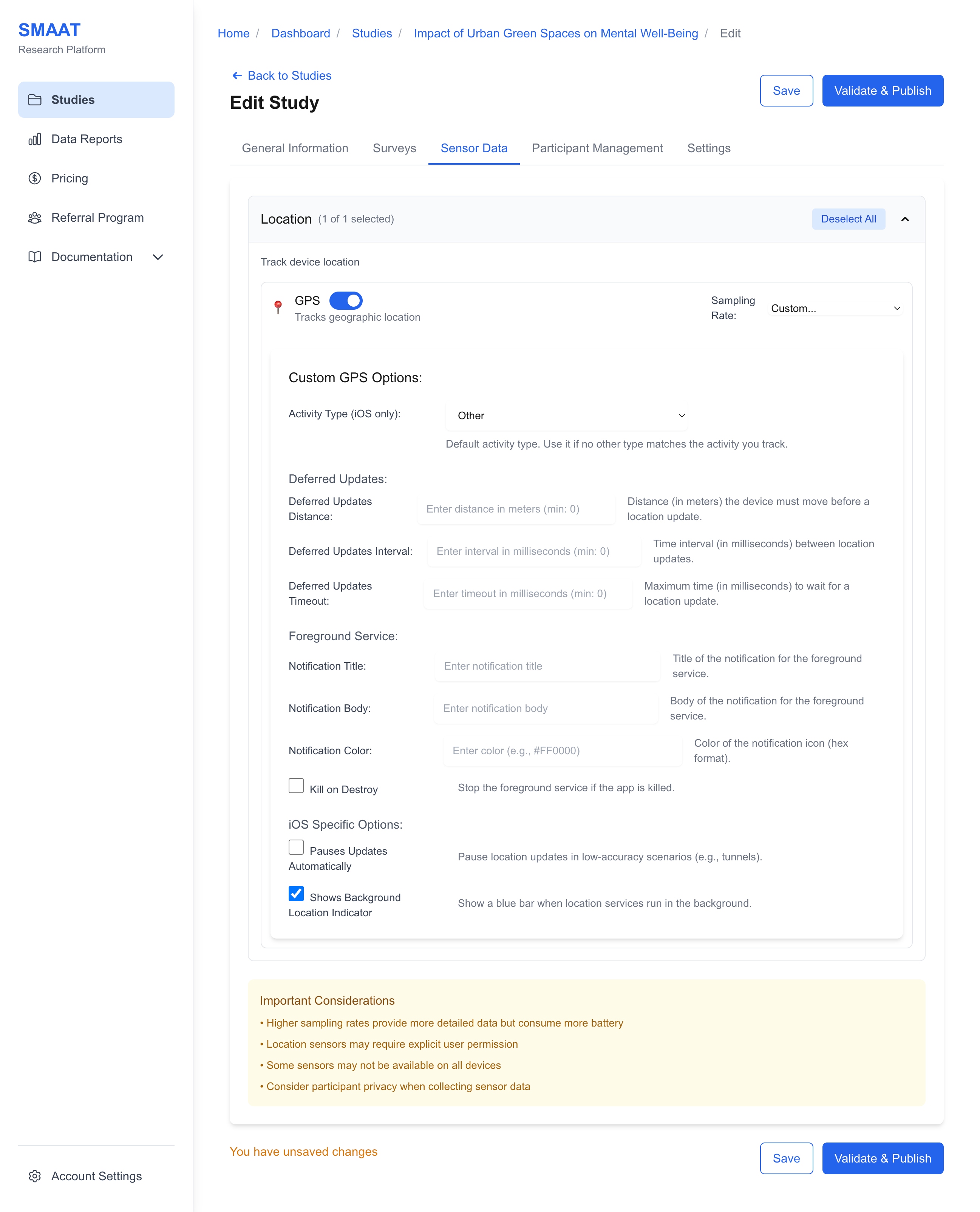 Screenshot of the Sensor Data tab, showing GPS sensor configuration options with sampling rate selectors and custom settings.