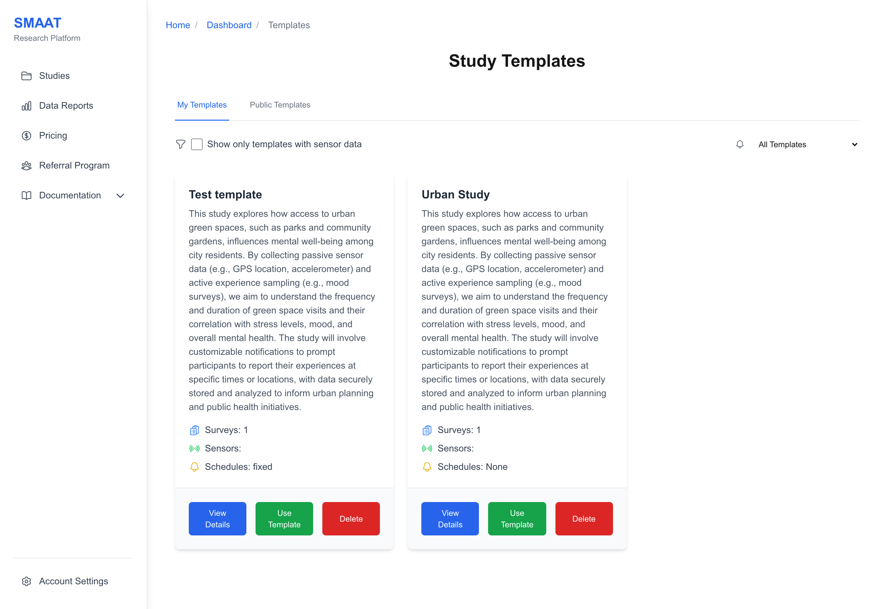 Screenshot of the template browser, displaying study template cards with filters for sensor data and notification types.
